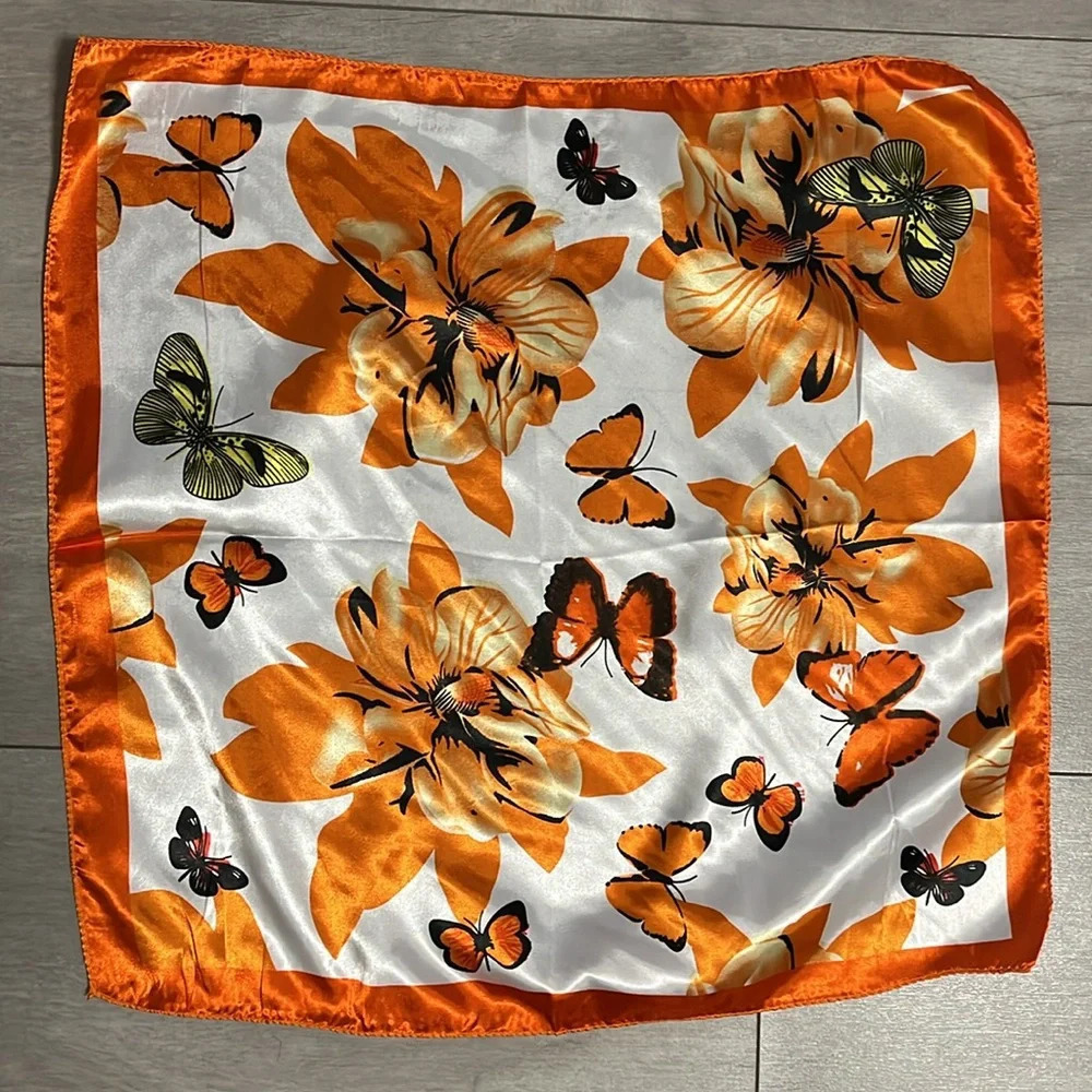 NWOT Silky Square Butterfly Scarf Orange Black White, Size 20x20 inch - Picture 2 of 5